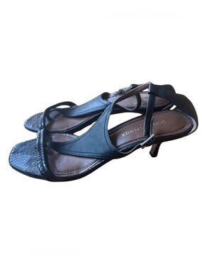 Donald J Pilner Black Snakeskin Leather Kitten Heel T-Strap Sandal Women’s Sz 8